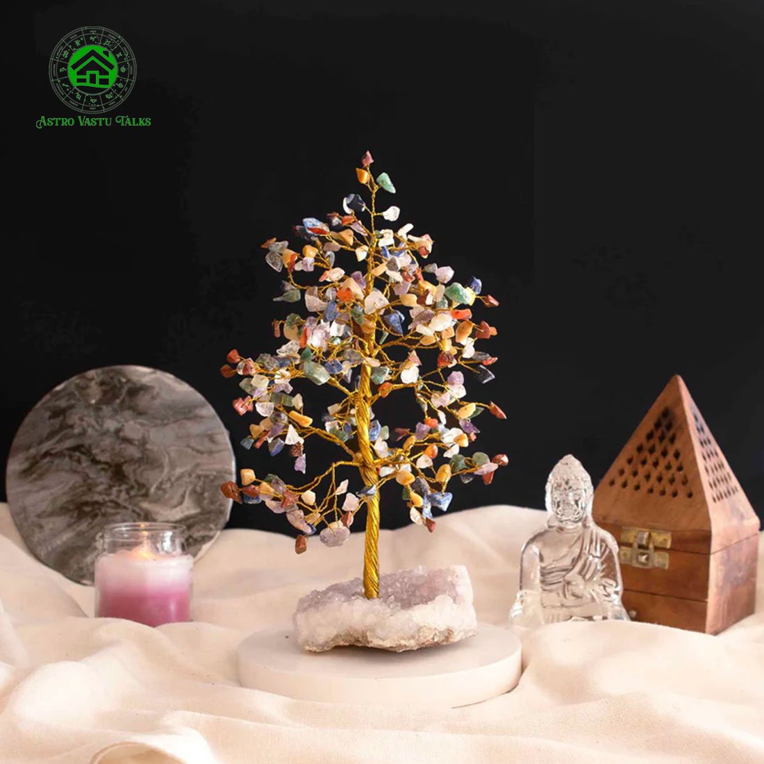 Seven Chakra Crystal Tree Of Life With Clear Quartz Amethyst Cluster Base